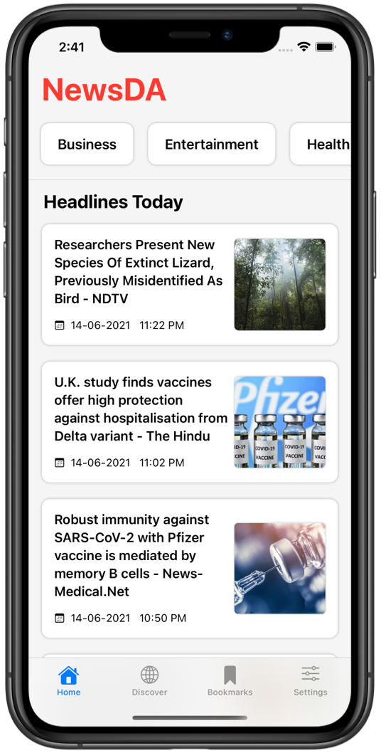 NewsDA Home Screen